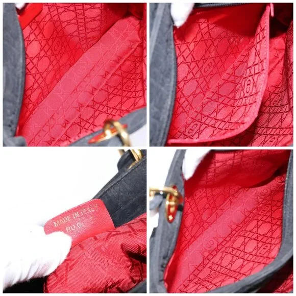 Christian Dior Lady Dior Canage Hand Bag Nylon Black Gold Auth ep10577